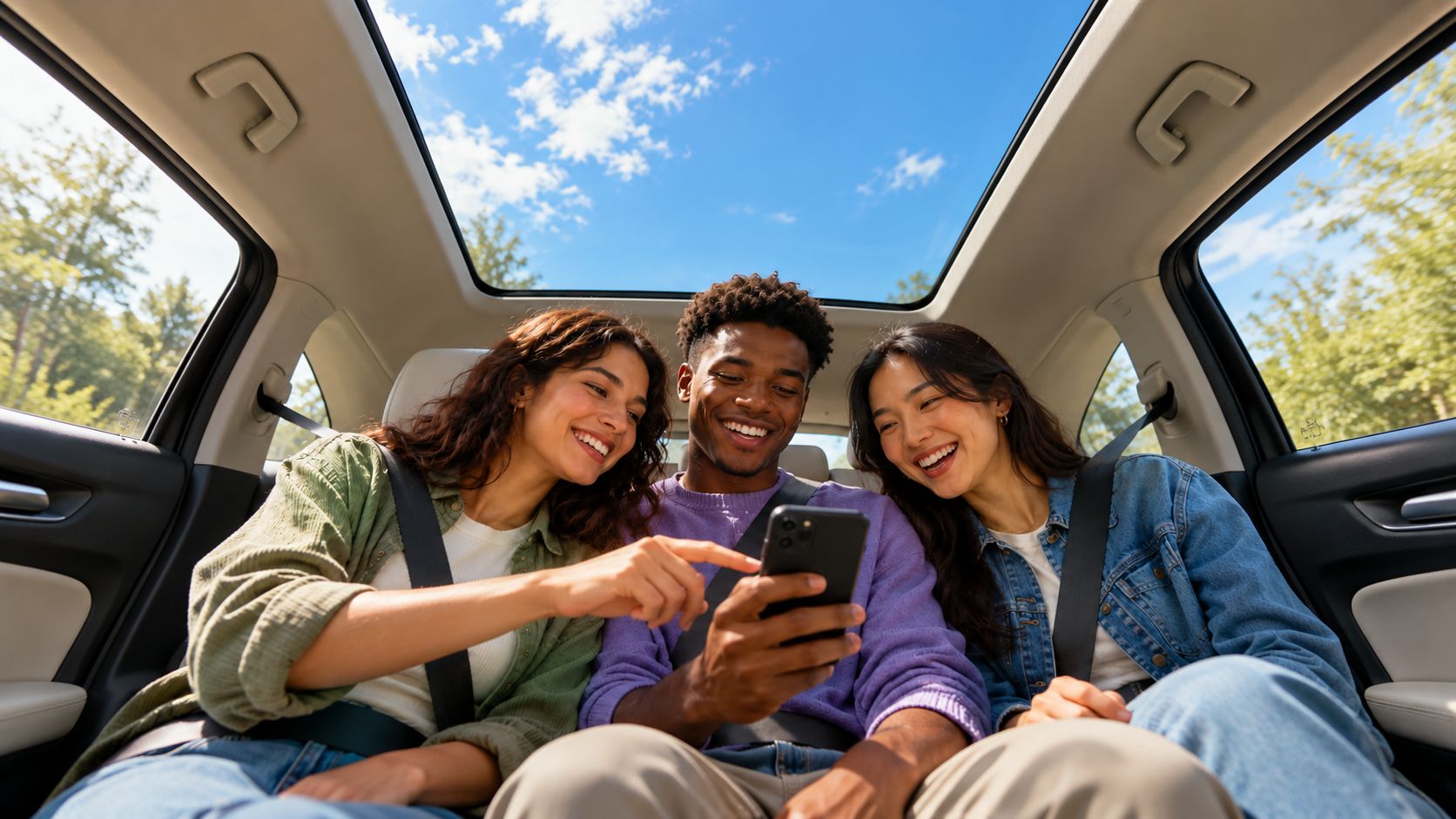 Three friends in the back seat of a car laughing at a phone together