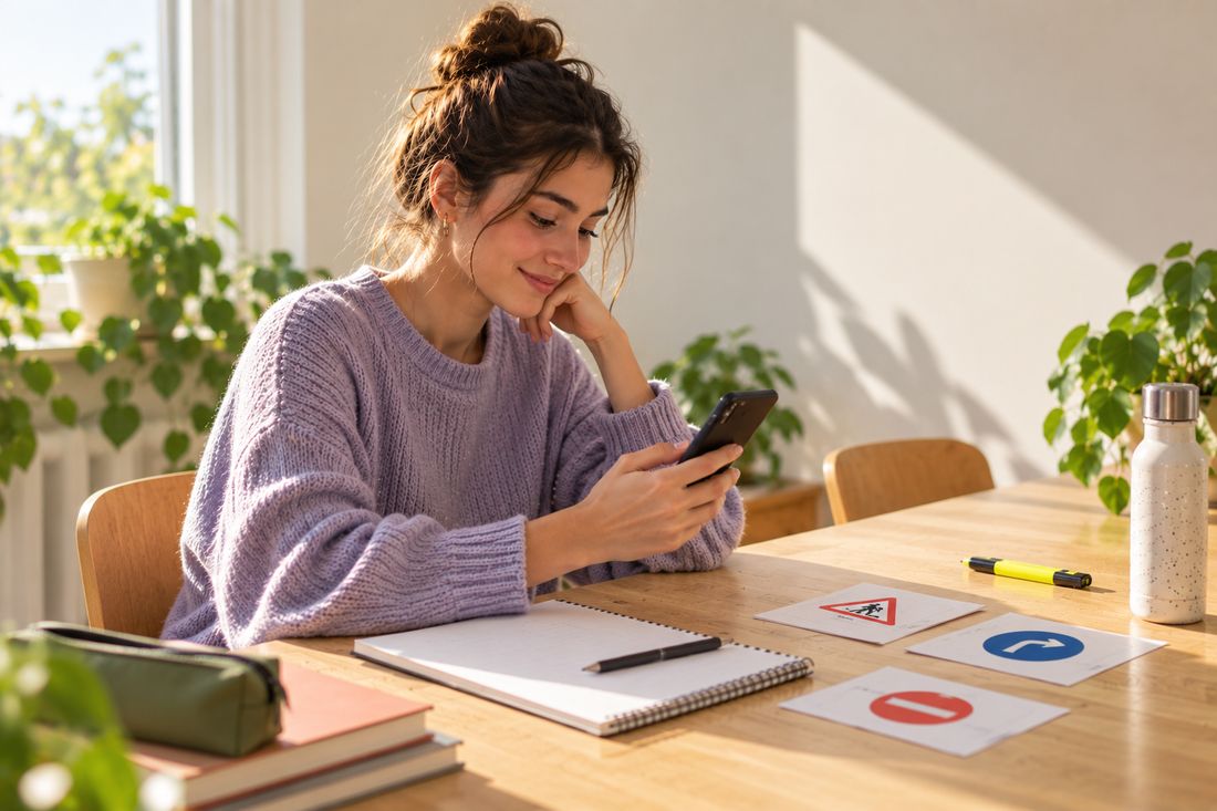 A young woman at a sunny table studying road signs on her phone